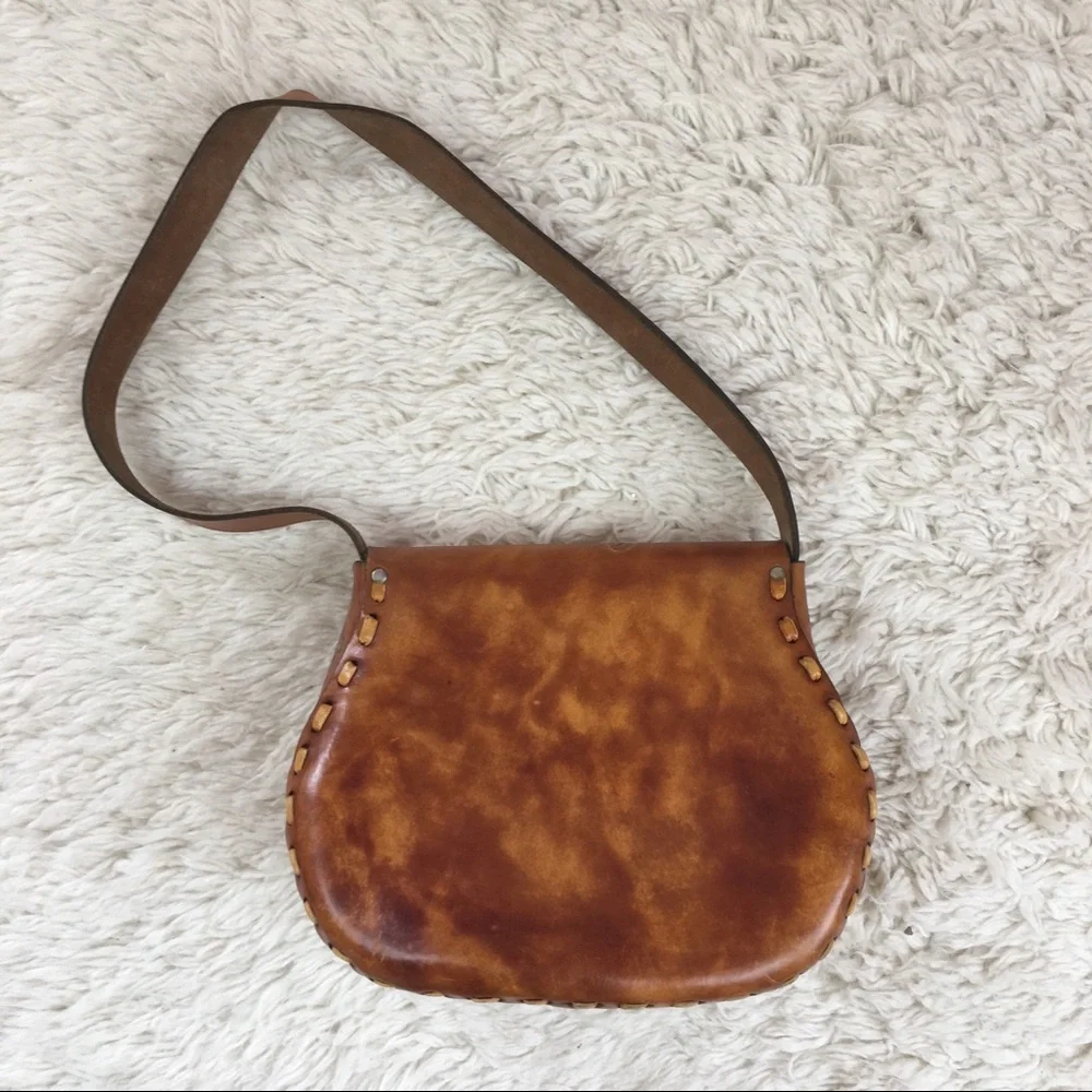 Brown Leather Crossbody Bag with Cat Embossing